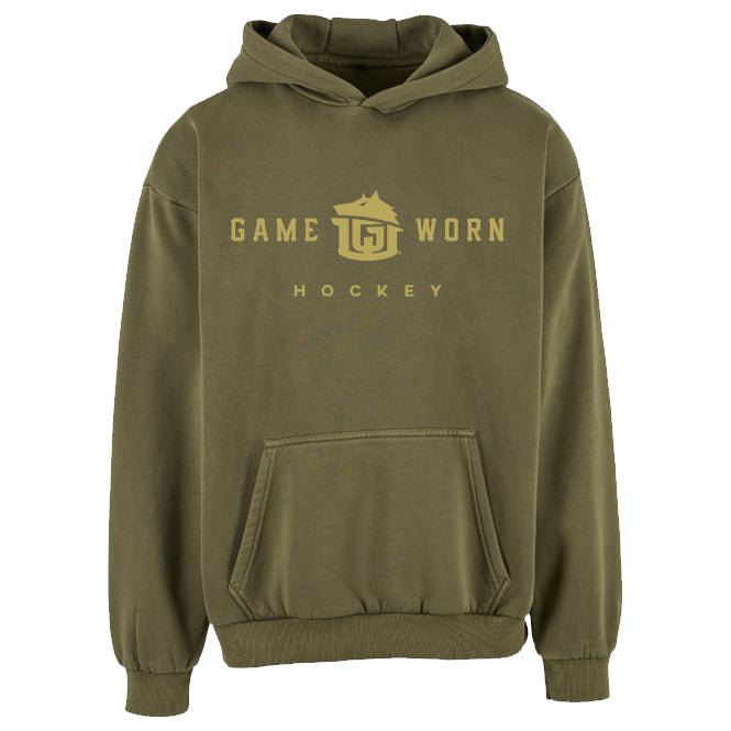 GAME-WORN® Hockey Age Washed Sideline Hoodie - Fatigue Khaki and Gold
