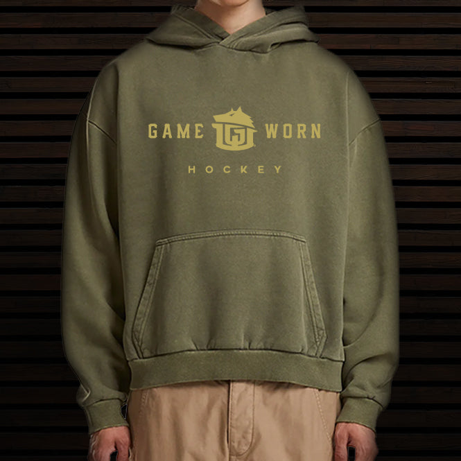 GAME-WORN® Hockey Age Washed Sideline Hoodie - Fatigue Khaki and Gold