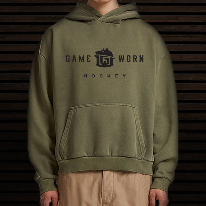 GAME-WORN® Hockey Age Washed Sideline Hoodie - Fatigue Khaki and Black