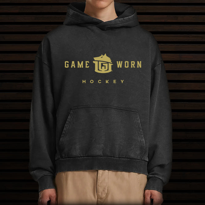 GAME-WORN® Hockey Age Washed Sideline Hoodie - Charred Black and Gold