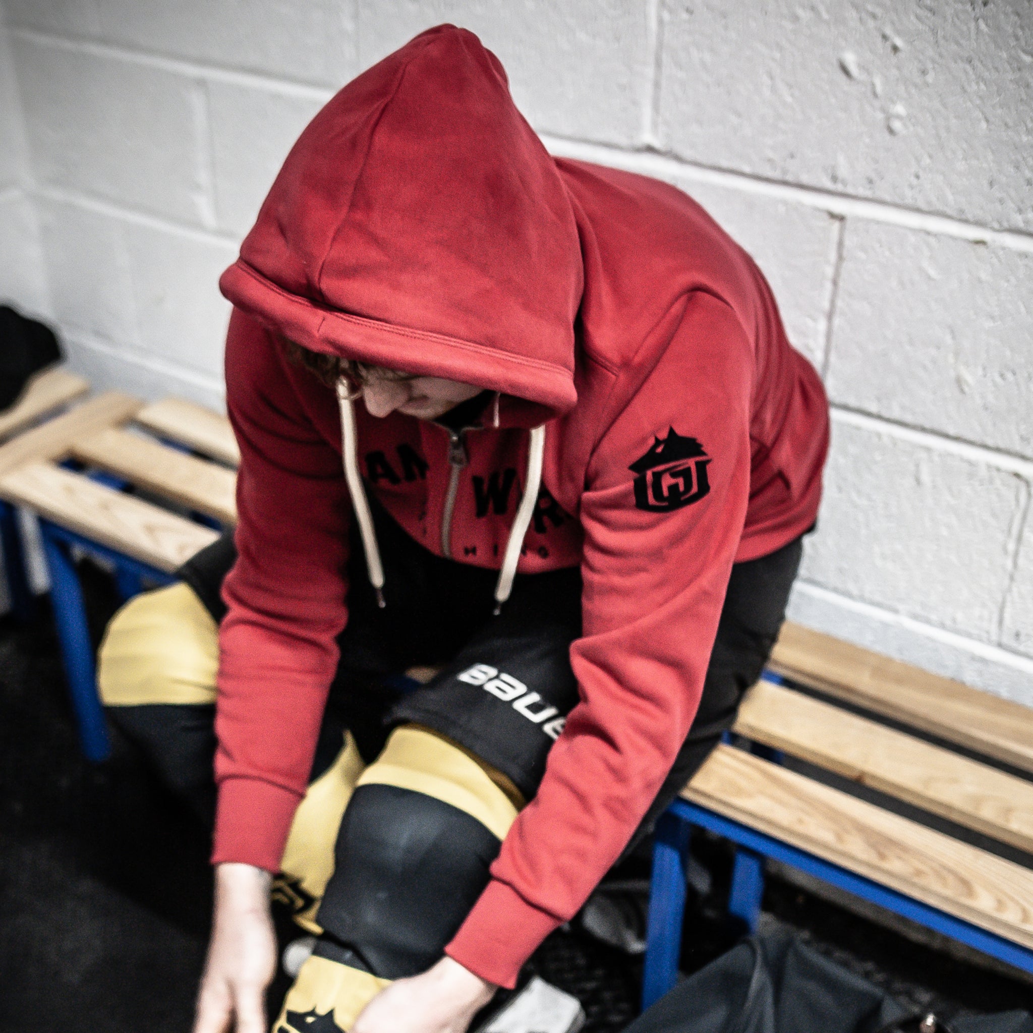 GAME-WORN® Super Heavyweight Zip through Hooded Sweatshirt - Vintage Red with Black