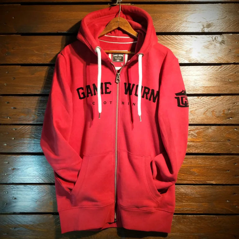 GAME-WORN® Super Heavyweight Zip through Hooded Sweatshirt - Vintage Red with Black